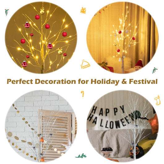 5 Feet Pre-lit White Twig Birch Tree with 72 LED Lights for Christmas