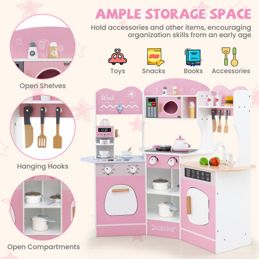 Corner Wooden Play Kitchen with Coffee Machine and Slide for Kids-Pink