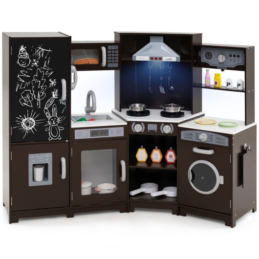 Corner Wooden Play Kitchen with Lights and Sounds Large Pretend Play Kitchen Set-Espresso