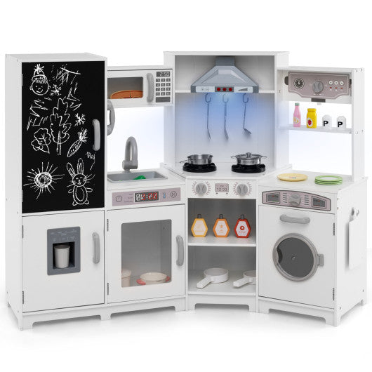 Corner Wooden Play Kitchen with Lights and Sounds Large Pretend Play Kitchen Set-White