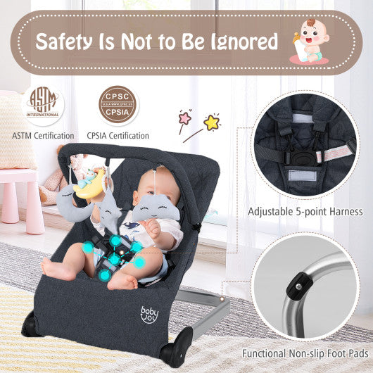 Foldable Baby Bouncer with Removable Fabric Cover and Toy Bar-Black