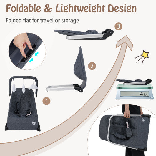 Foldable Baby Bouncer with Removable Fabric Cover and Toy Bar-Black