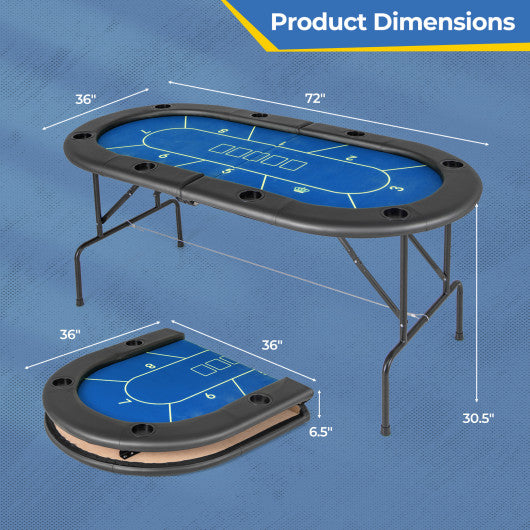 72 x 36 x 30.5 Inch Foldable Poker Table with 8 Cup Holders-Blue