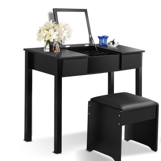 Vanity Makeup Dressing Table Set with Flip Top Mirror and Cushioned Stool-Black