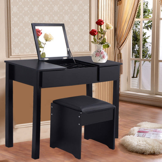 Vanity Makeup Dressing Table Set with Flip Top Mirror and Cushioned Stool-Black