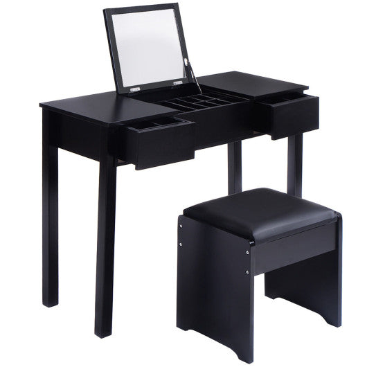 Vanity Makeup Dressing Table Set with Flip Top Mirror and Cushioned Stool-Black