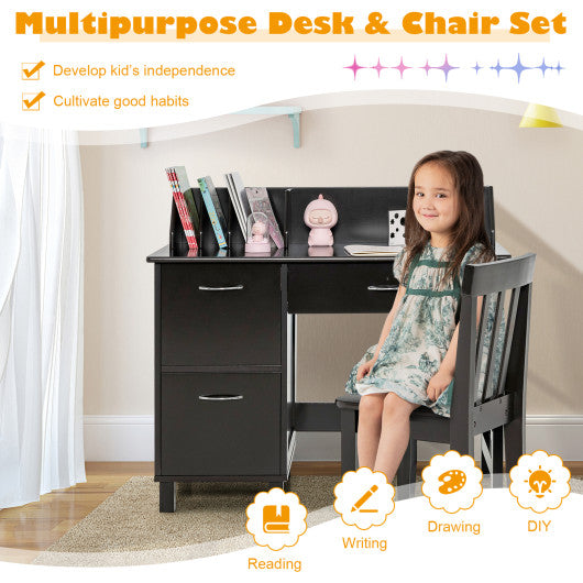 Wooden Kids Study Desk and Chair Set with Drawer and 2 Storage Cabinets-Dark Brown