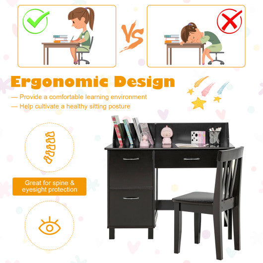 Wooden Kids Study Desk and Chair Set with Drawer and 2 Storage Cabinets-Dark Brown