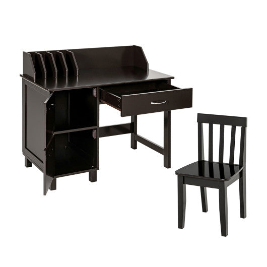 Wooden Kids Study Desk and Chair Set with Drawer and 2 Storage Cabinets-Dark Brown