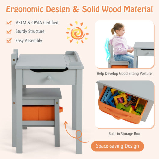 Wood Activity Kids Table and Chair Set with Storage Space-Gray