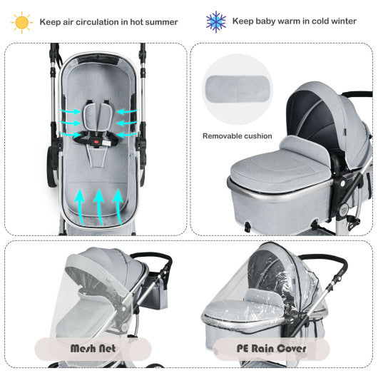 Folding Aluminum Infant Reversible Stroller with Diaper Bag-Gray