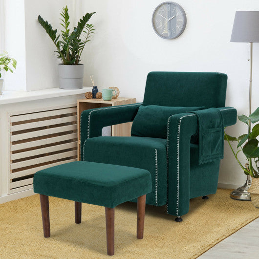 Modern Berber Fleece Single Sofa Chair with Ottoman and Waist Pillow-Green