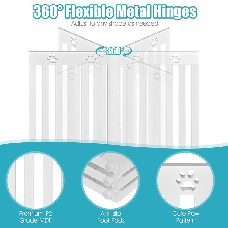 36 Inch Folding Wooden Freestanding Pet Gate Dog Gate with 360¡ã Flexible Hinge-White