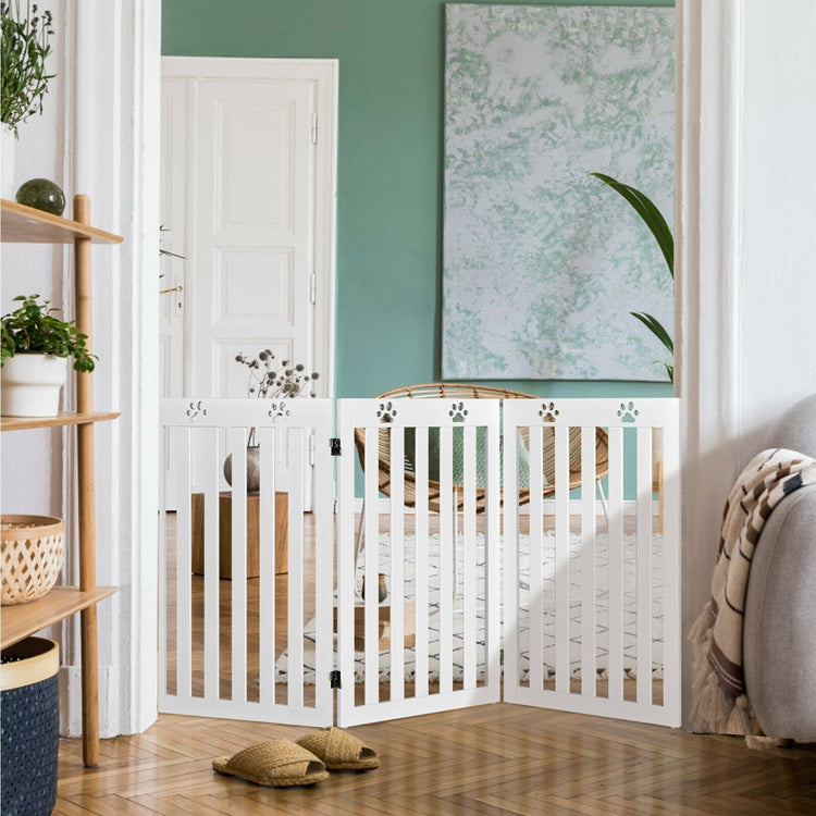 36 Inch Folding Wooden Freestanding Pet Gate Dog Gate with 360¡ã Flexible Hinge-White