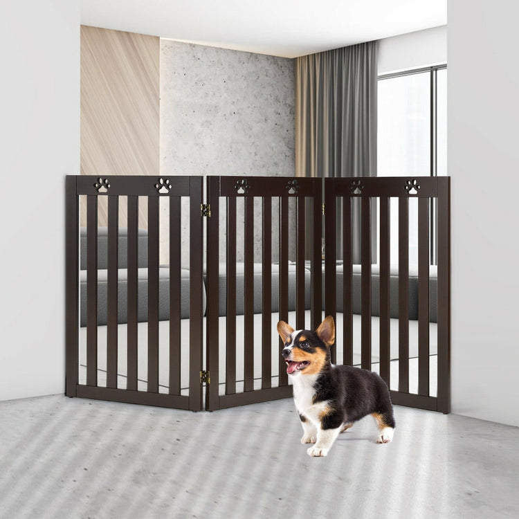 36 Inch Folding Wooden Freestanding Pet Gate Dog Gate with 360¡ã Flexible Hinge-Dark Brown