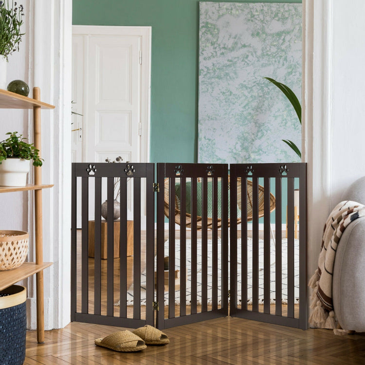 36 Inch Folding Wooden Freestanding Pet Gate Dog Gate with 360¡ã Flexible Hinge-Dark Brown