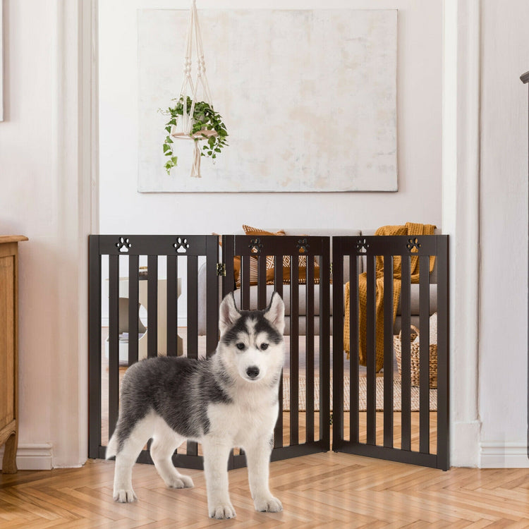 36 Inch Folding Wooden Freestanding Pet Gate Dog Gate with 360¡ã Flexible Hinge-Dark Brown