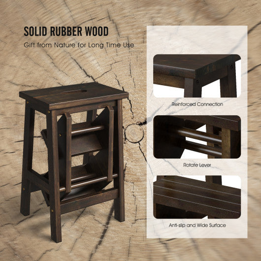 3-in-1 Rubber Wood Step Stool with Convenient Handle-Brown