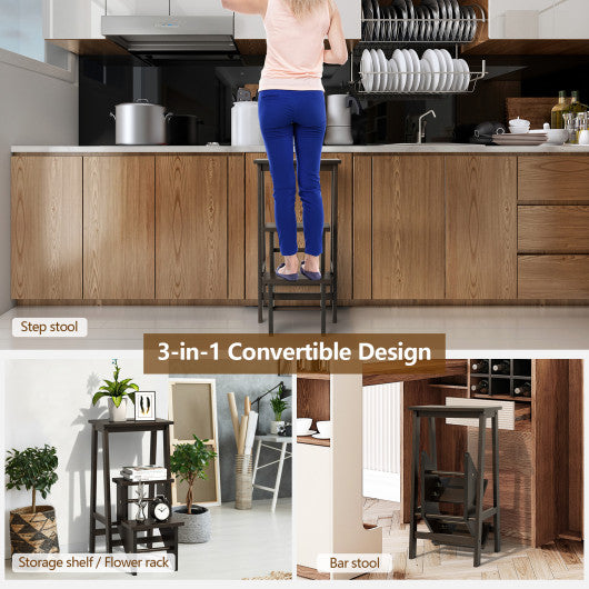 3-in-1 Rubber Wood 3 Tier Folding Step Stool Ladder Storage Shelf-Brown