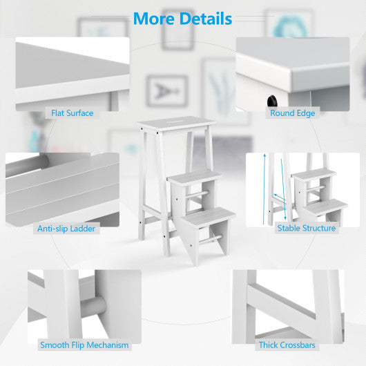 3 Tier Step Stool 3 in 1 Folding Ladder Bench-White