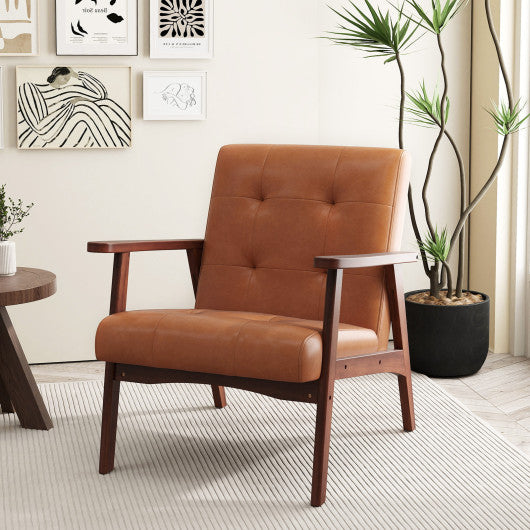 Mid Century Modern Accent Chair with Solid Rubber Wood Frame and Leather Cover-Brown