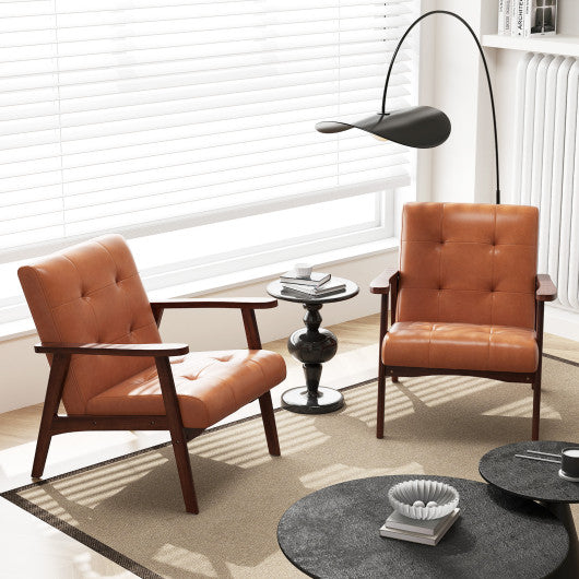 Mid Century Modern Accent Chair with Solid Rubber Wood Frame and Leather Cover-Brown