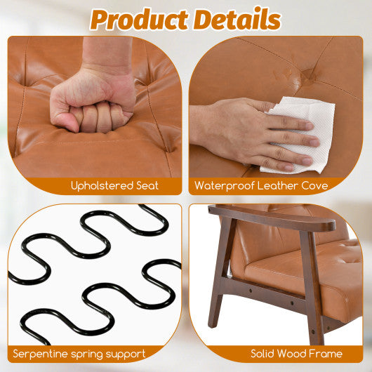 Mid Century Modern Accent Chair with Solid Rubber Wood Frame and Leather Cover-Brown