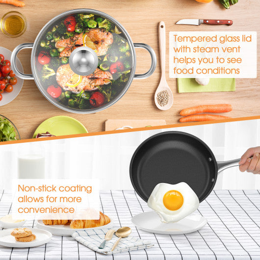 7-Piece Stainless Steel Cookware Set with Tempered Glass Lid-Silver