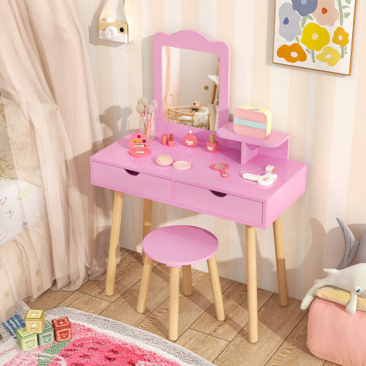 Kid Vanity Table Chair Set with Mirror and 2 Large Storage Drawers-Pink
