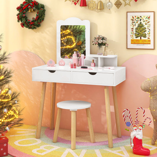 Kid Vanity Table Chair Set with Mirror and 2 Large Storage Drawers-White
