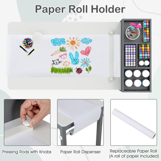 Kids Art Table and Chairs Set with 2 Chairs and Paper Roll-Gray