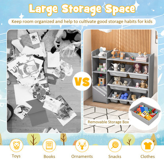 4-Tier Kids Bookshelf and Toy Storage Rack with 8 Toy Organizer Bins-Grey