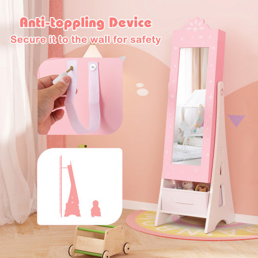 Kids Jewelry Cabinet with Full-Length Mirror and Foldable Drawer-Pink