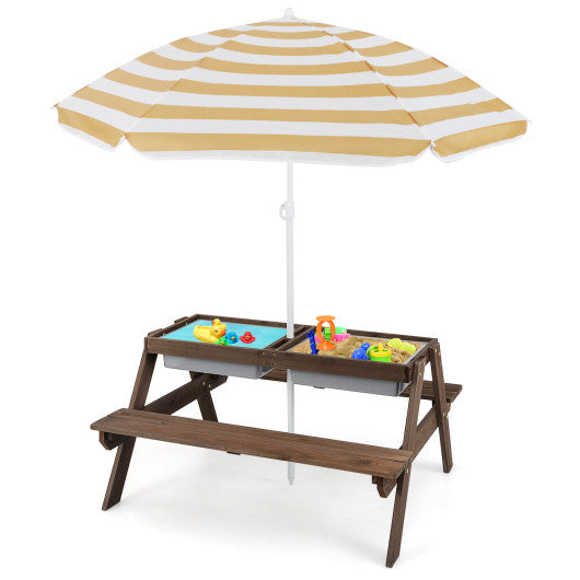 3-in-1 Kids Outdoor Picnic Water Sand Table with Removable Umbrella and Boxes-Coffee