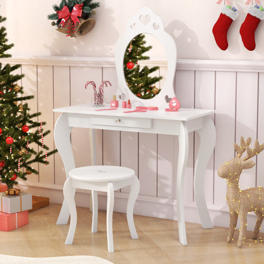Kids Princess Makeup Dressing Play Table Set with Mirror-Off White