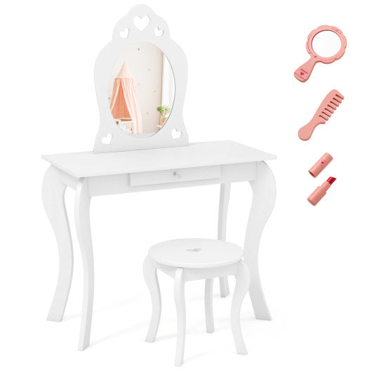 Kids Princess Makeup Dressing Play Table Set with Mirror-Off White