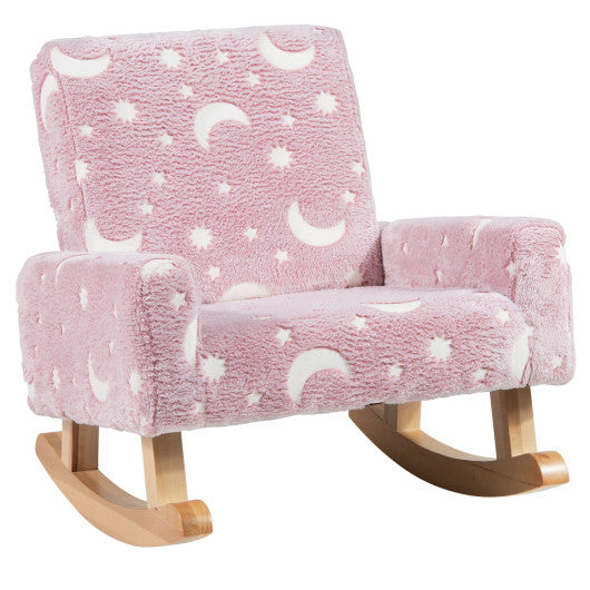 Kids Rocking Chair Upholstered Flannel Children Rocker with Solid Poplar Wood Rocking Feet-Pink