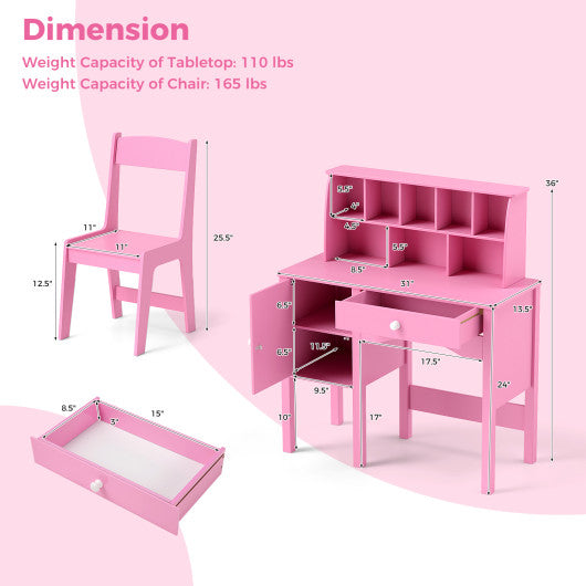 Kids Study Desk and Chair Set with Chair Hutch and Storage Cabinet for 3+ Years Old-Pink