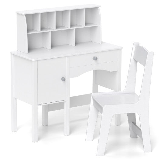 Kids Study Desk and Chair Set with Chair Hutch and Storage Cabinet for 3+ Years Old-White