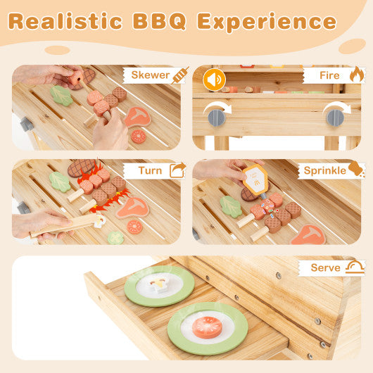 Kids Wooden Barbecue Grill Playset Pretend Kitchen with Food and Wheels-Natural