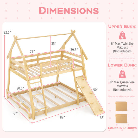 Twin Over Queen Bunk Bed Wooden Kids Bed with Climbing Nets and Ramp-Natural