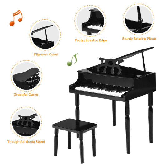30-Key Wood Toy Kids Grand Piano with Bench & Music Rack-Black