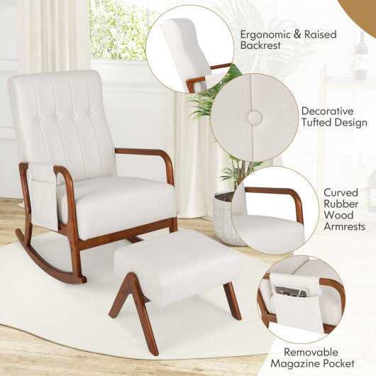 Rocking Chair with Ottoman and Solid Rubber Wood Frame and Padded Cushion-Beige