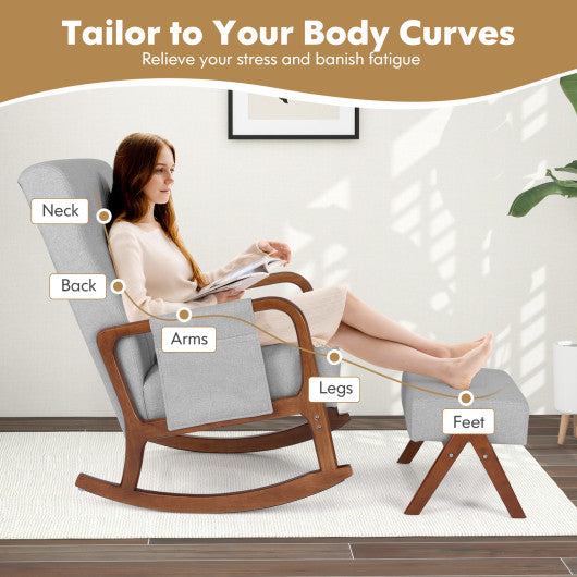Rocking Chair with Ottoman Solid Rubber Wood Frame Padded Cushion-Gray