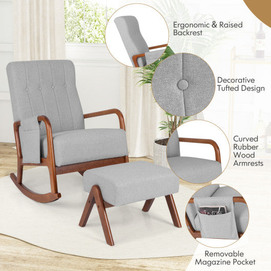 Rocking Chair with Ottoman Solid Rubber Wood Frame Padded Cushion-Gray