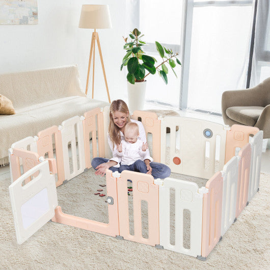 16 Panels Baby Safety Playpen with Drawing Board-Pink