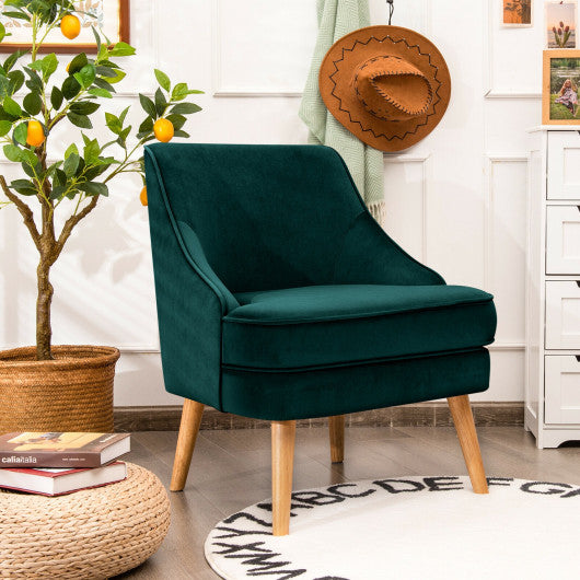 Mid Century Velvet Accent Chair with Rubber Wood Legs for Bedroom-Green