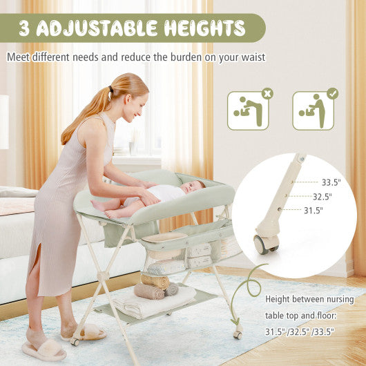 Baby Diaper Changing Table with Water Basin Wheel-Green