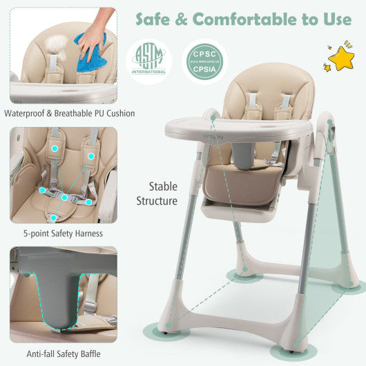 Baby Folding High Chair Dining Chair with Adjustable Height and Footrest-Beige
