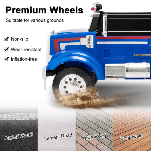 12V Licensed Freightliner Kids Ride On Truck Car with Dump Box and Lights -Blue